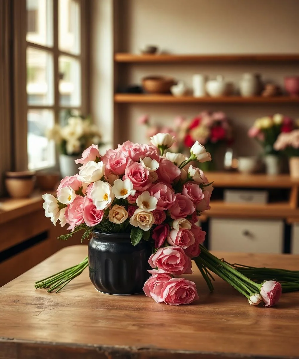 Florista arreglando flores en el atelier de Miraflores